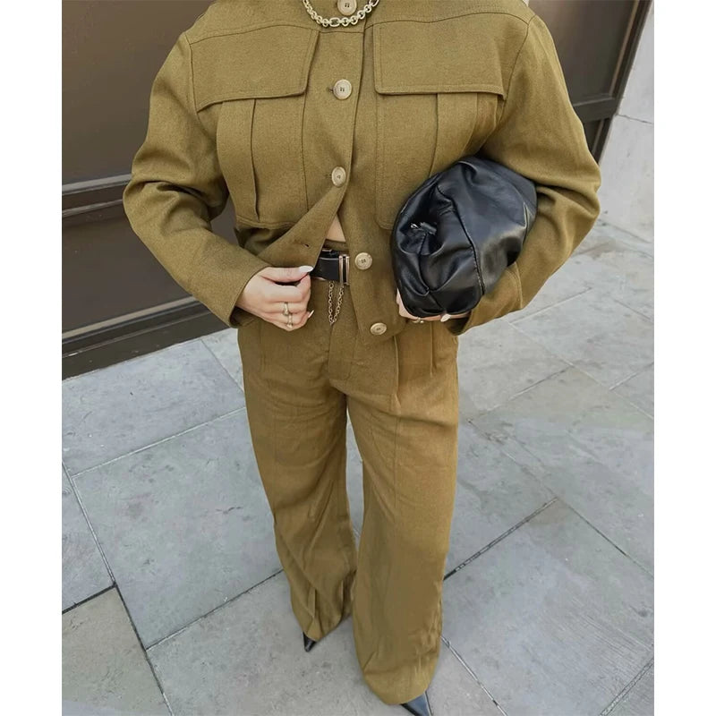 Olive Green Pleated Pants - Mid-Rise Waist Pocket Loose Casual Trousers