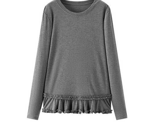 Long Sleeve Solid Color Lettuce Edge Slim Fit Ruffle Hem Top
