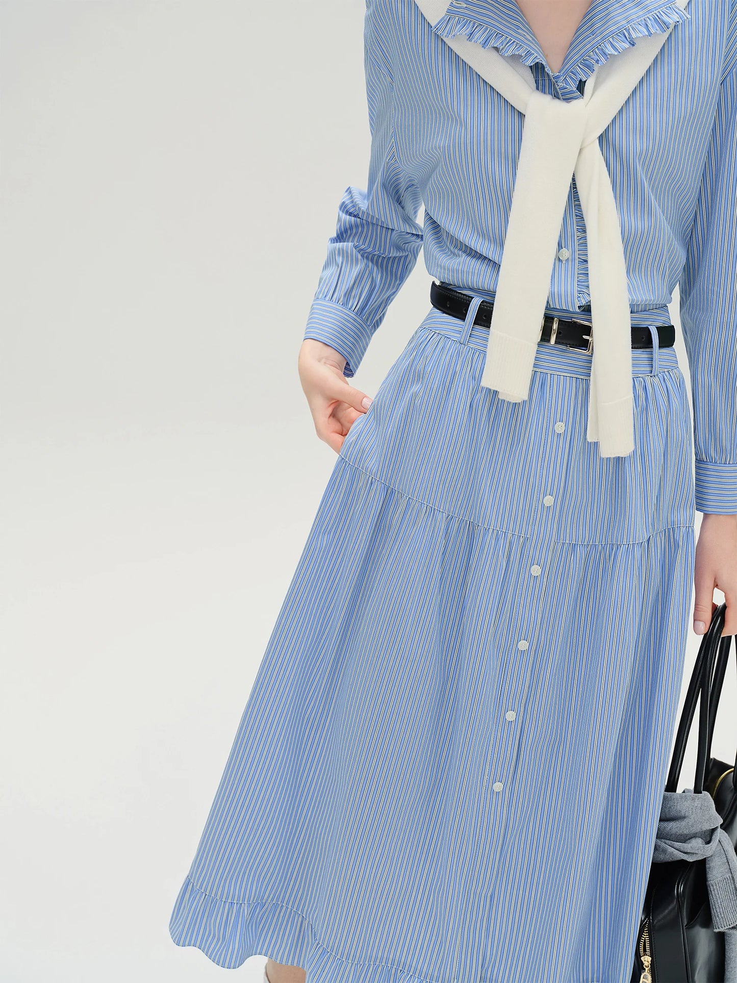 Plus Size Striped Shirt & Skirt Set with Wooden Collar Detail