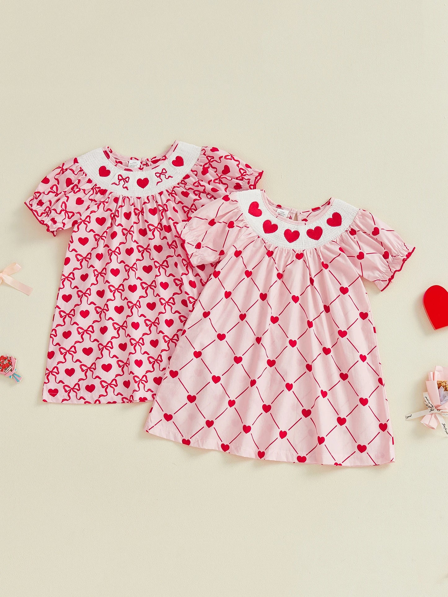 Little Girls Valentine's Day Short Sleeve Heart Embroidery Print A-Line Dress