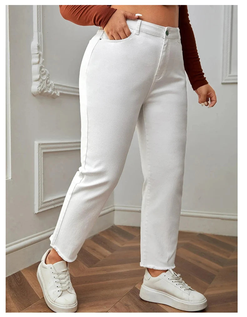 Women Plus Size White  Full Length High Waist Stretchy Denim  Jeans