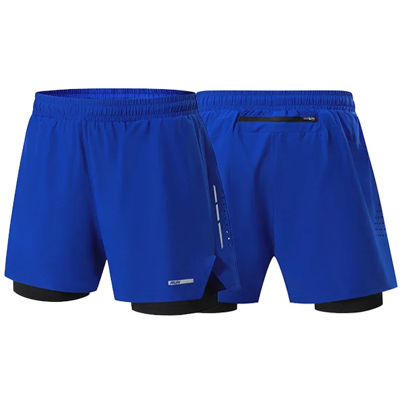 Men's Summer Swim Gym Sportswear 2 in 1 Compression Jogging Shorts Beach Casual Pants Double-deck Bottoms with Zipper Pockets