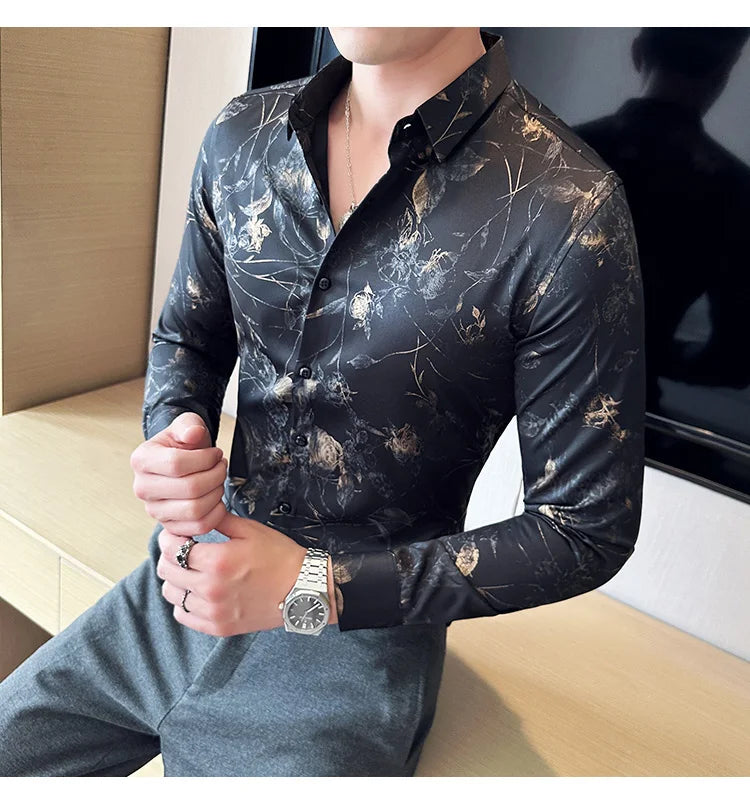 Men's Print Shirt - Slim Fit Long Sleeve Turn Down Collar Shirt