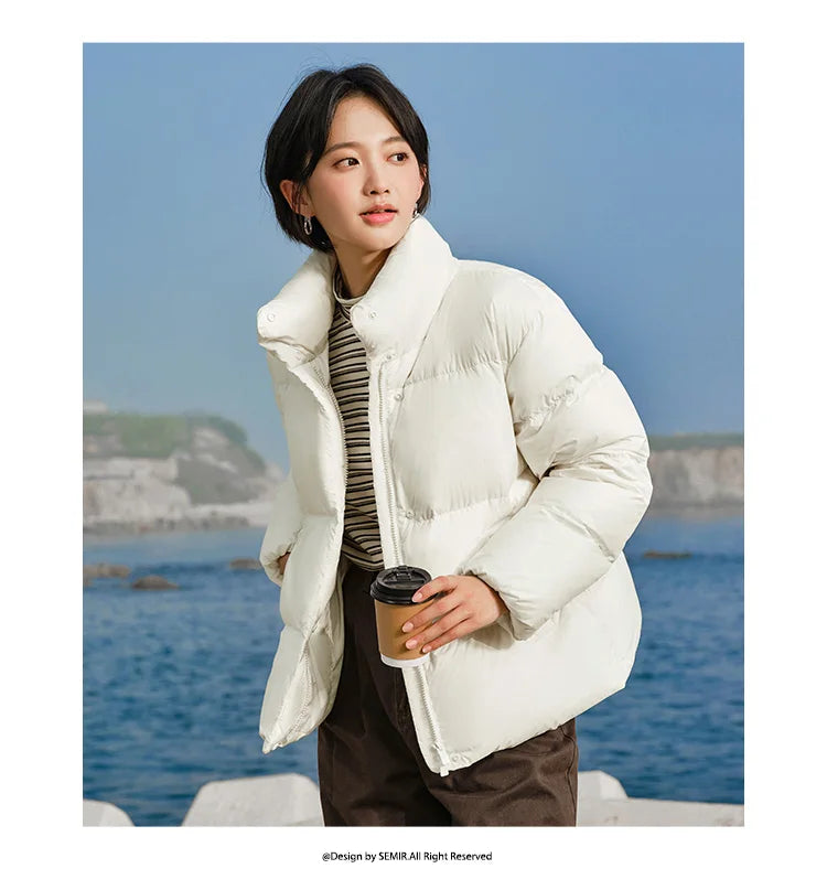 Down Jacket Women Three-Proof Solid Color Stand-Up Collar Loose Simple Winter Versatile Goose Warm