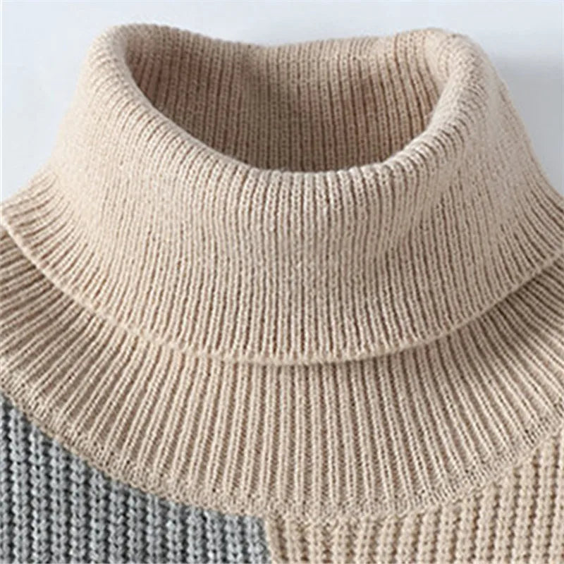 Men's Turtleneck Patchwork Knitted Pullover Sweater