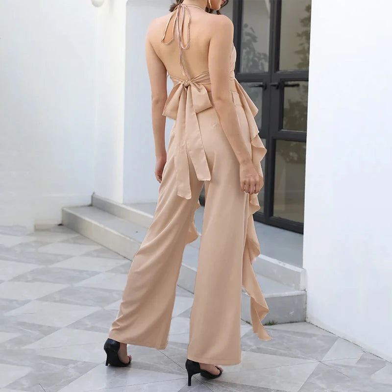 Women Summer Solid Halter Sling Sleeveless Backless Lace Up Ruffles Long Top Loose Trousers Two Piece Set