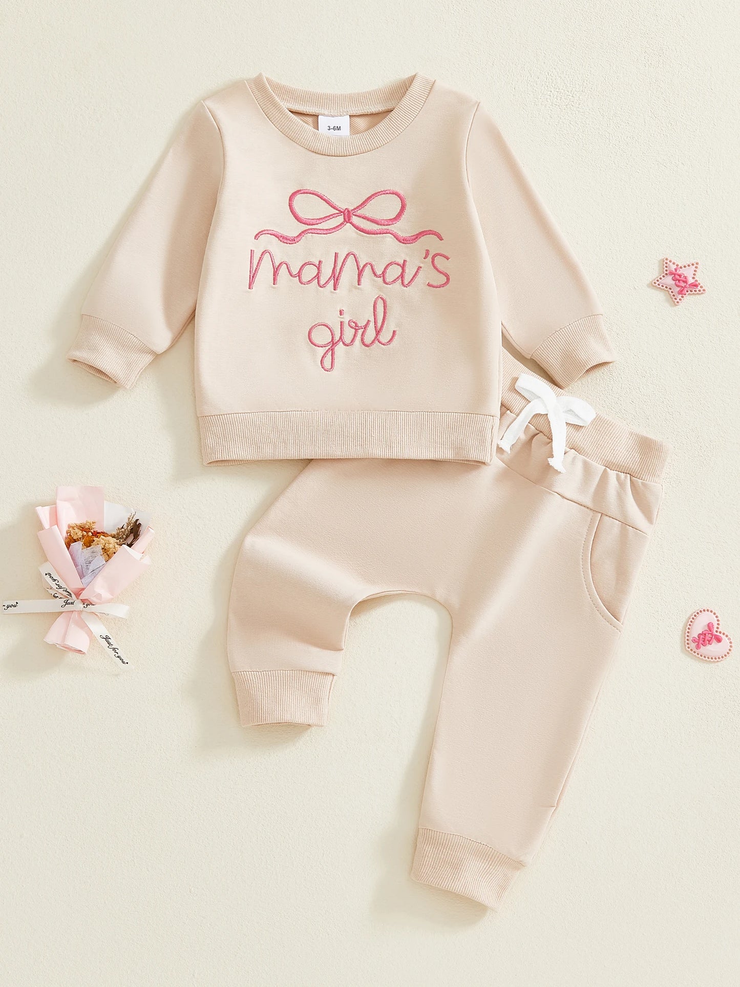 Toddler Baby Girls Outfit Set - Bow Letter Embroidered Sweatshirt & Pants 0-3Y