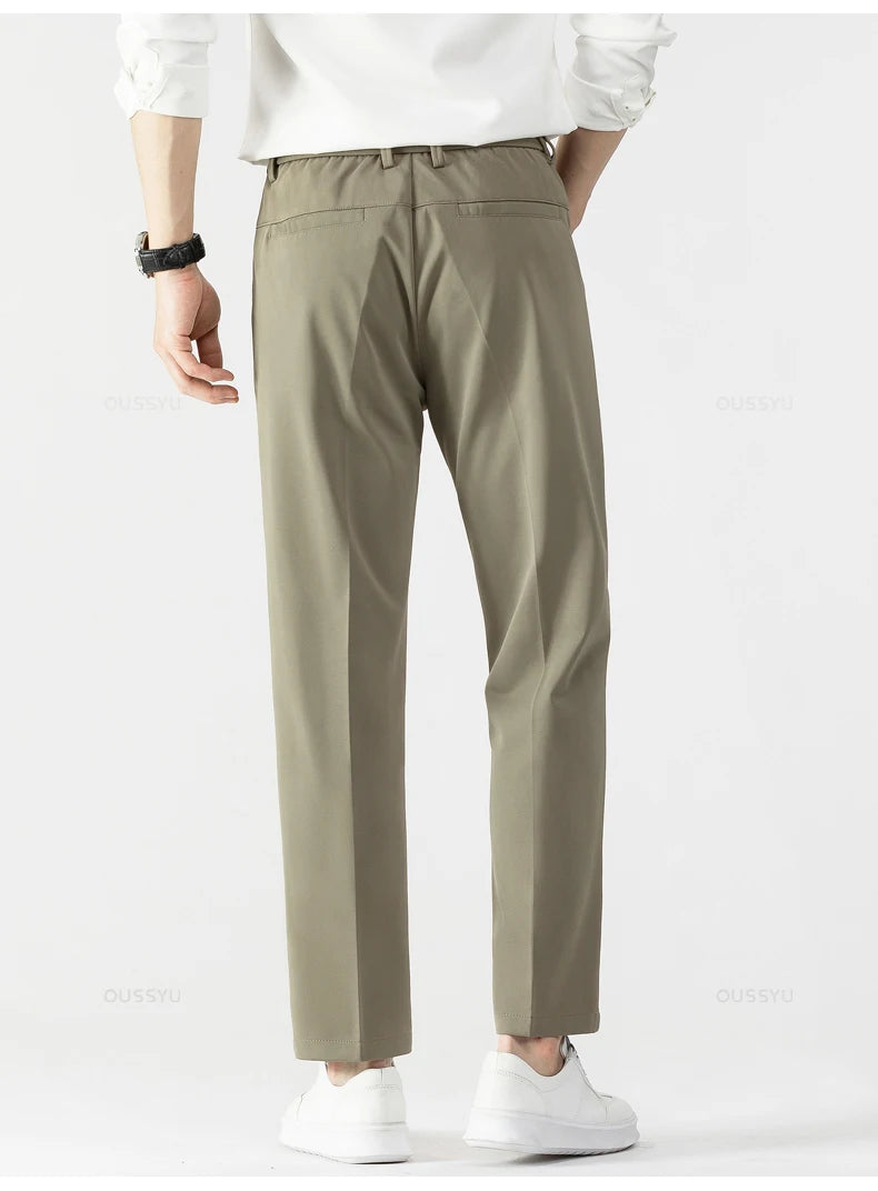 Men's Ankle-Length Straight Leg Trousers | Elastic Waist | Sash Detail | Midweight | All Season | Smart Casual