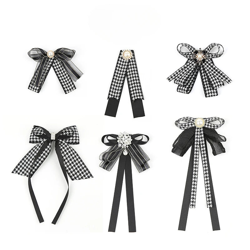 Houndstooth Ribbon Bow Brooch with Pearl
