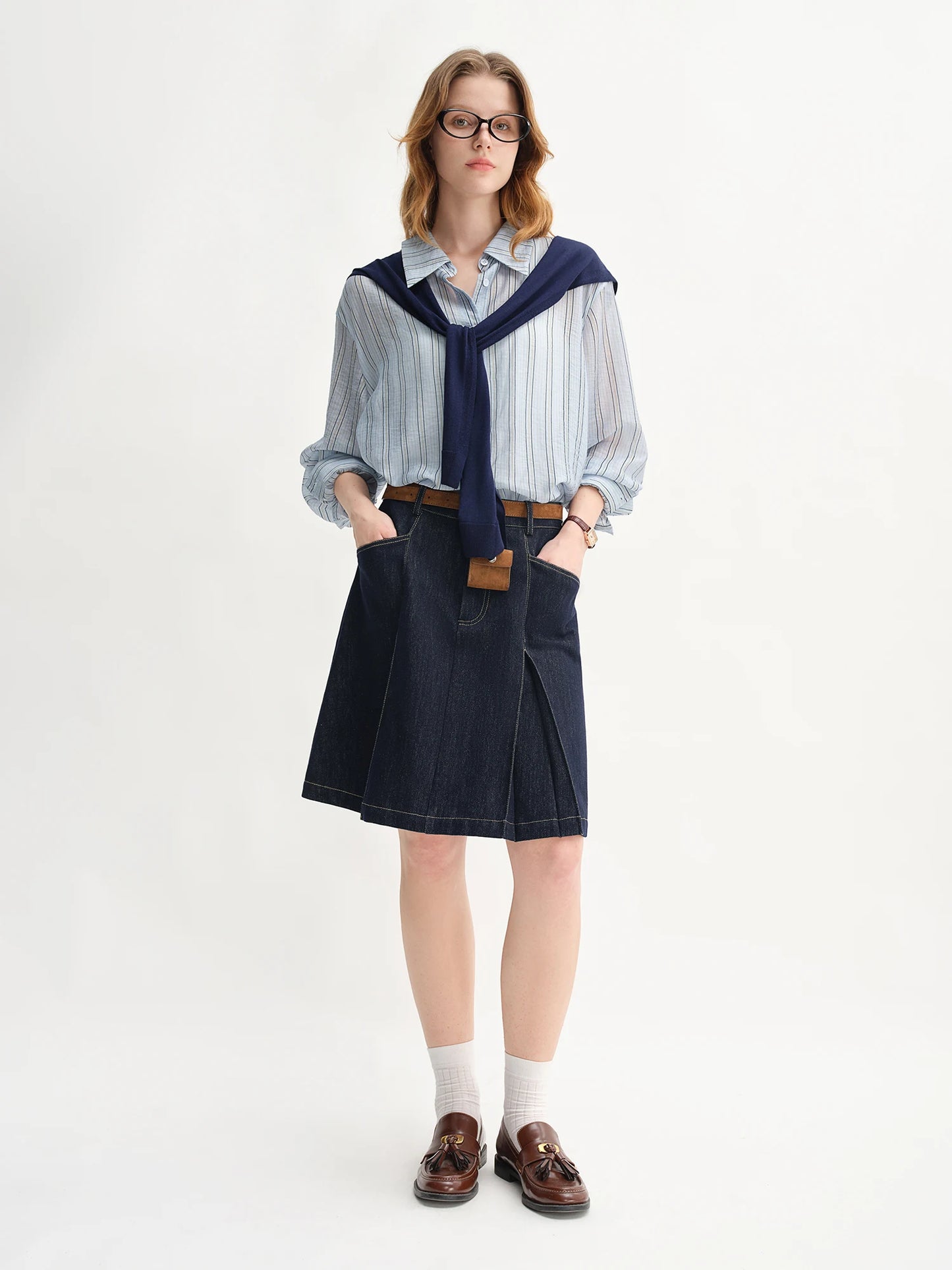 High Waist A-Line Denim Skirt - Contrast Colour Retro Style