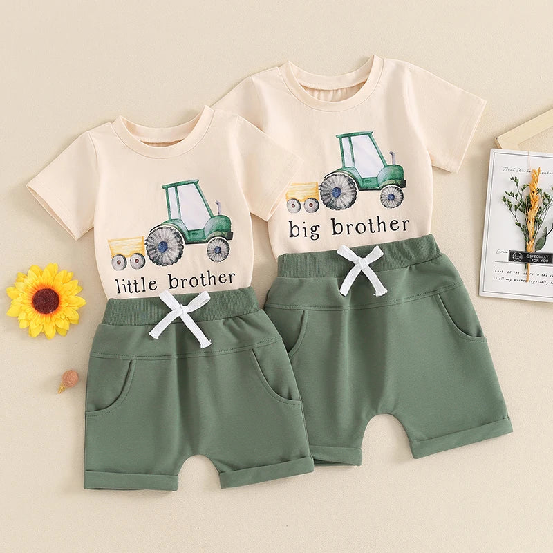 0-5Y Toddler Baby Boys Clothes Set 2pcs Short Sleeve Tractor Letter Print T-shirt with Elastic Waist Shorts Outfit