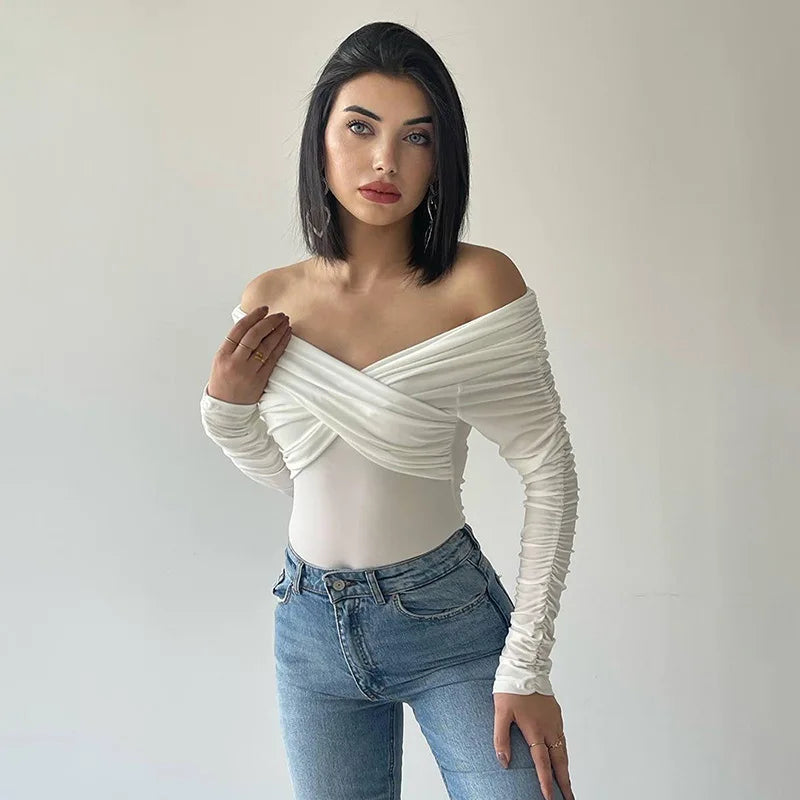 Women's Ruched Backless Wrap Bodysuit - Off Shoulder Slim Long Sleeve White Top One Piece