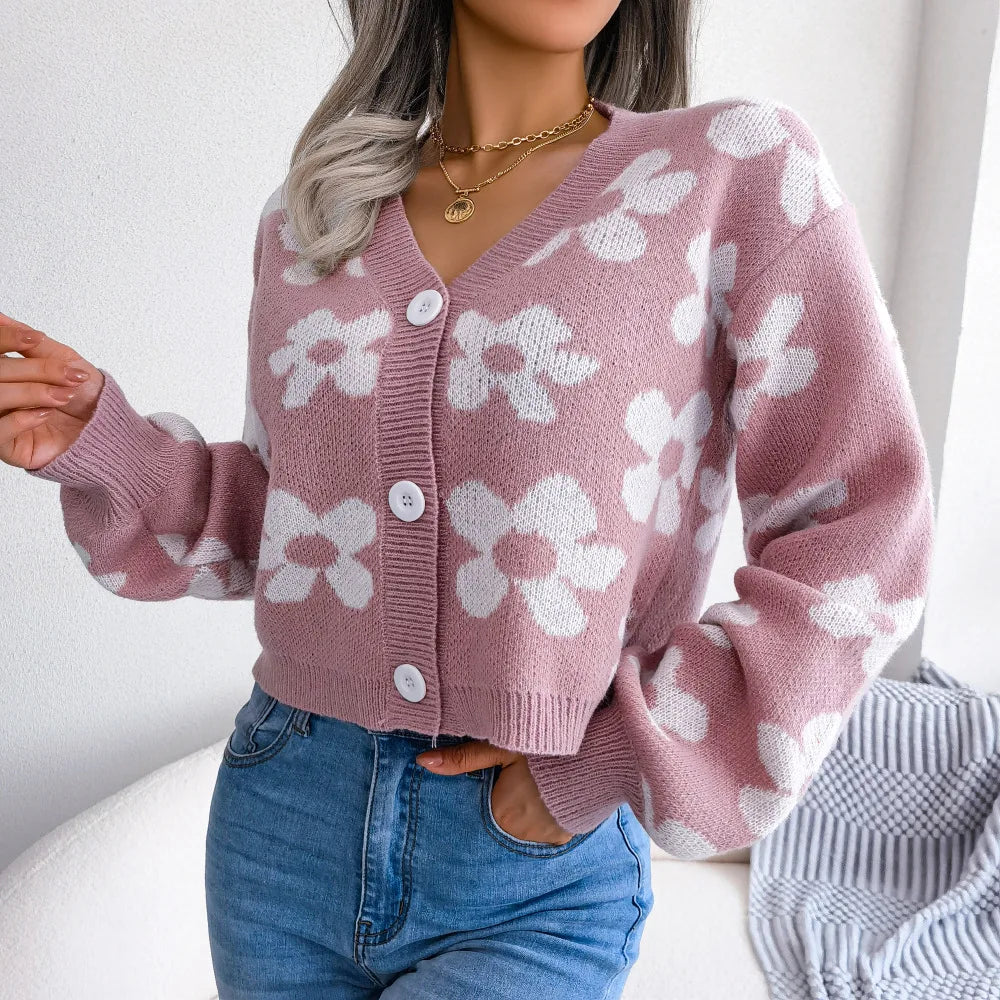 Women's Knitted Cardigan V Neck Single Breasted Sweater Flower Lantern Sleeve Jumper