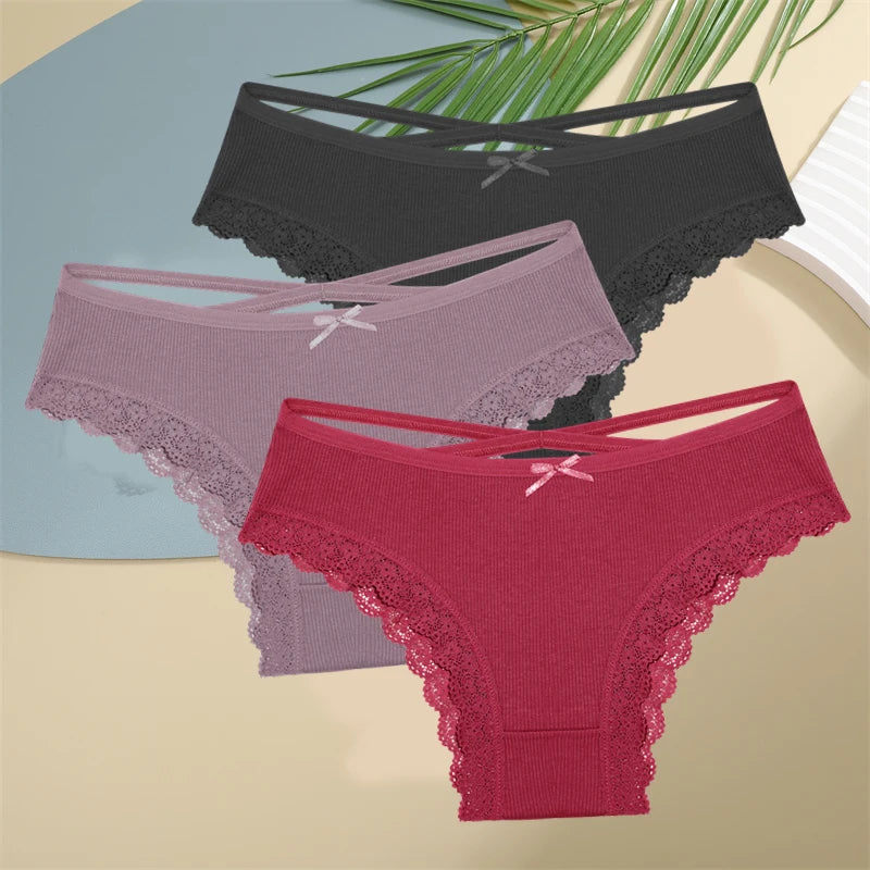 3PCS Women Cotton Underwear Panties Lace Briefs Low-Waist Cross Belt Hollow Out Cozy Lingerie