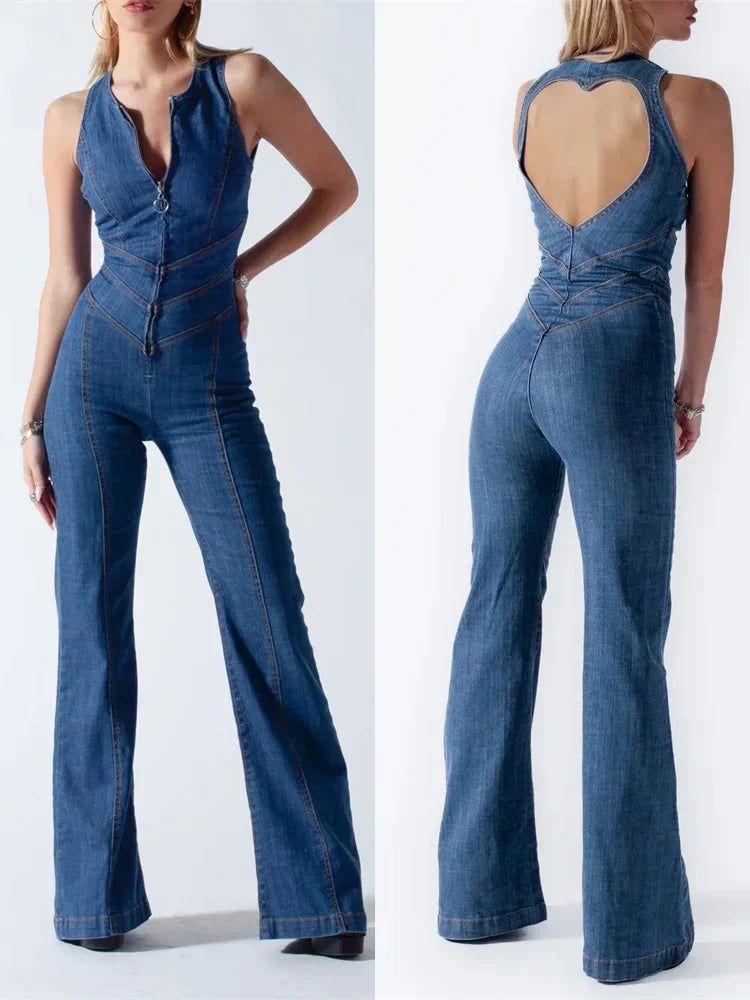 Women's Backless Heart Cut out Bodycon Sleeveless Slim One-Piece Outfits Retro Denim Jumpsuit