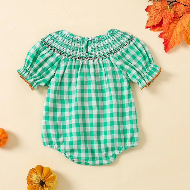 0-3Y Baby Girls Boys Romper Pumpkin Embroidered Plaid Print Short Sleeve Ruffled Jumpsuits