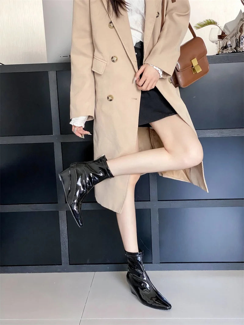 Patent Leather Pointed Toe Chelsea Ankle Boots | Wedge Heel & Rear Zip