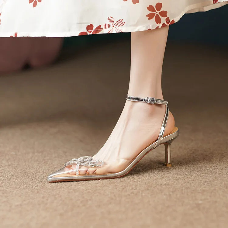 Women's Pointed Toe Rhinestone Wedding Sandals - Bowknot Pendant Pumps