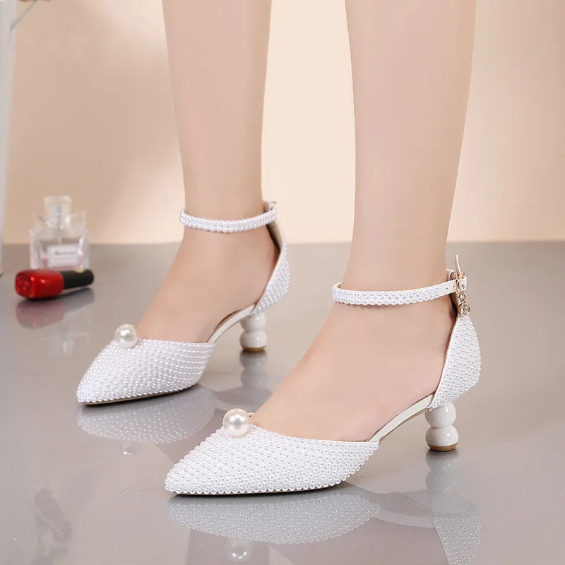 Women's 5cm Round Heel Shaped Heel Pearl Sandals