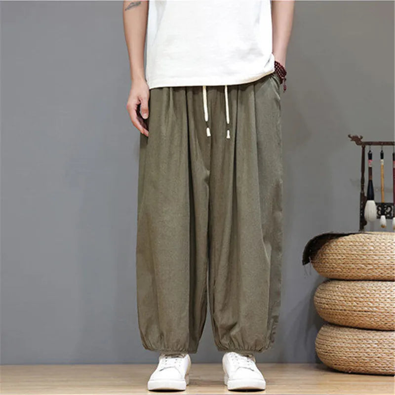 Men's Summer Wide Leg Pants Casual  Breathable Loose Ankle Length  Harem Trousers