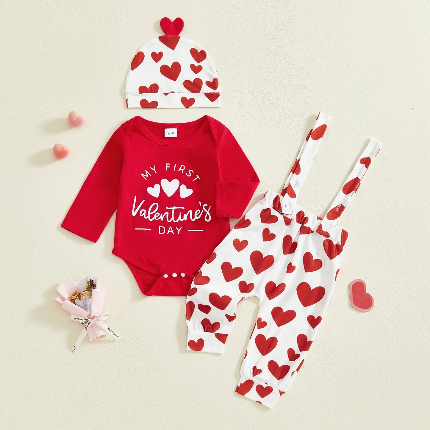 Baby Boys Valentine's Day Outfit Set - Heart Print Romper with Suspender Pants & Hat 0-18M