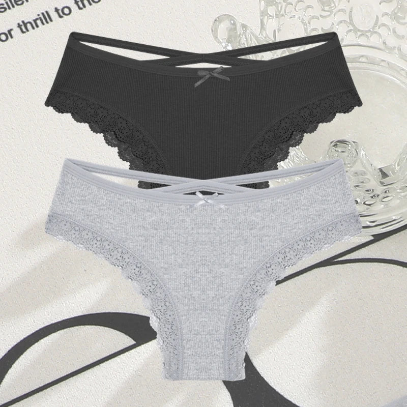 Women's Cotton Panties - 2 Pack Lace Brazilian Briefs Low-Waist