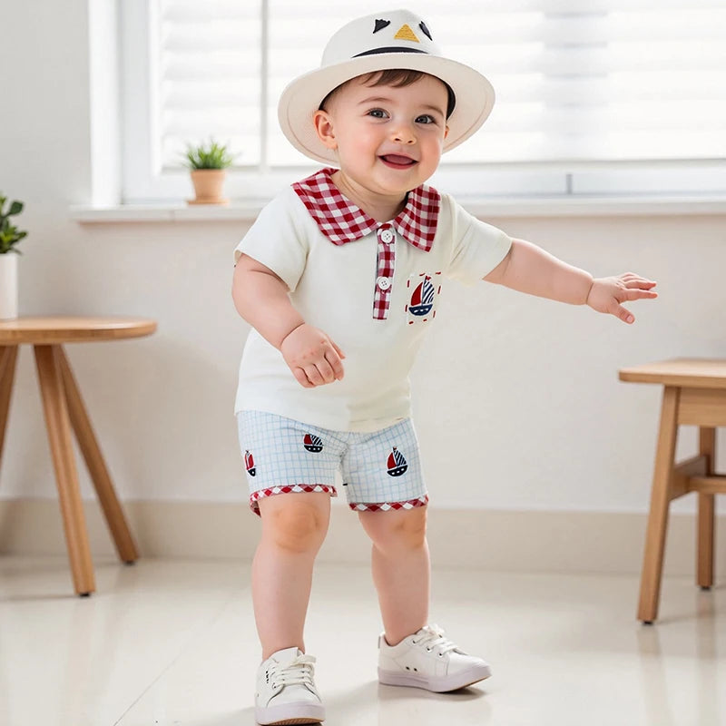 Baby Boys' Independence Day Outfit Set - Plaid Short Sleeve Shirt & Sailboat Shorts