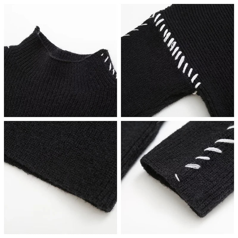 Women's Contrast Patchwork Topstitch Pullover Round Collar Knitted Top Chic Long Sleeve Loose Sweater