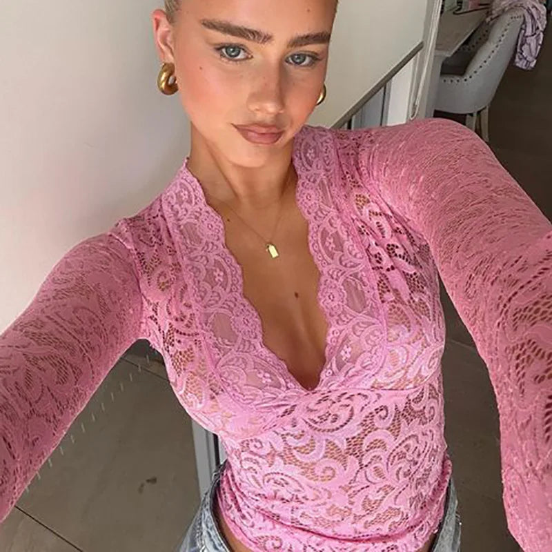 Women's Elegant  Lace See Through Deep V Neck  Spring Summer Flare Sleeve Top