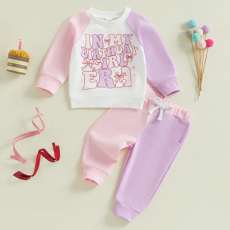 0-5Y Kids Girls Birthday Clothes Set Colour Patchwork Long Sleeve Letter Print Sweatshirt with Pants