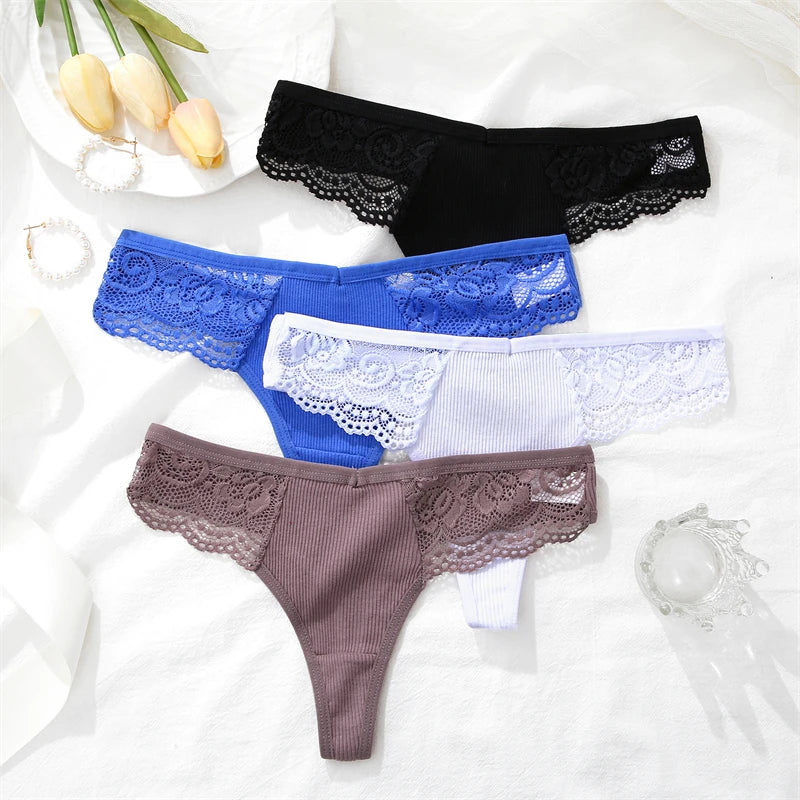 Cotton Lace Thongs - 3 Pack Low Waist Bikini Panties