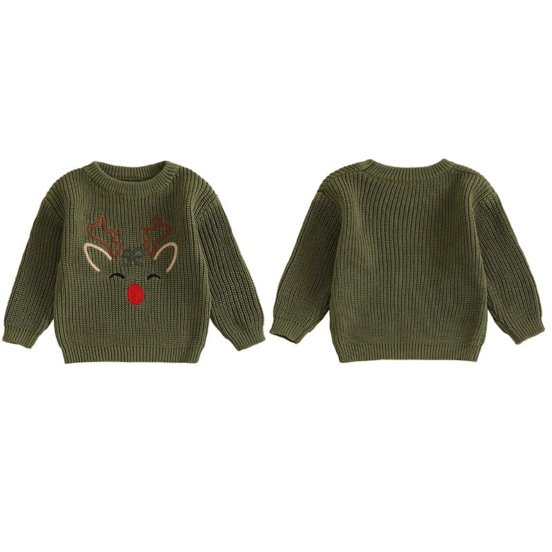 0-3Y Toddler Baby Boys Girls Christmas Sweater - Reindeer Embroidery Long Sleeve Round Neck Knitwear Pullover