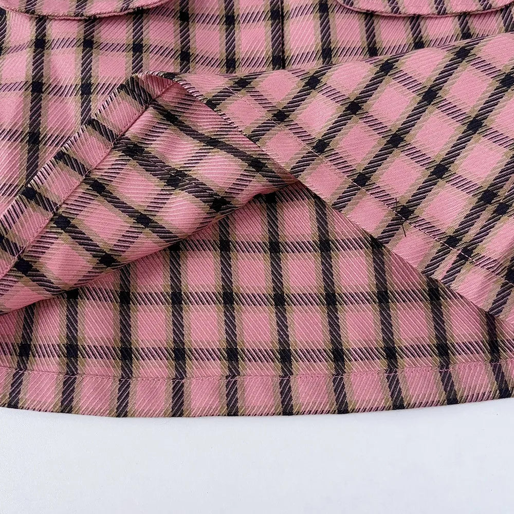 Girls Three Piece Clothes Set Solid Colour High Neck Base Shirt and Plaid Skirt and Hat Set