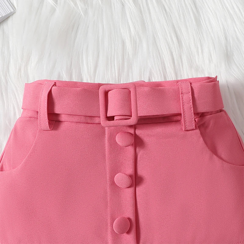 1-6Y Girls Summer Fashion Clothes Sets -  Ruffles Fly Sleeve Solid Tops Elastic Waist Pleated Mini Skirt with Belt