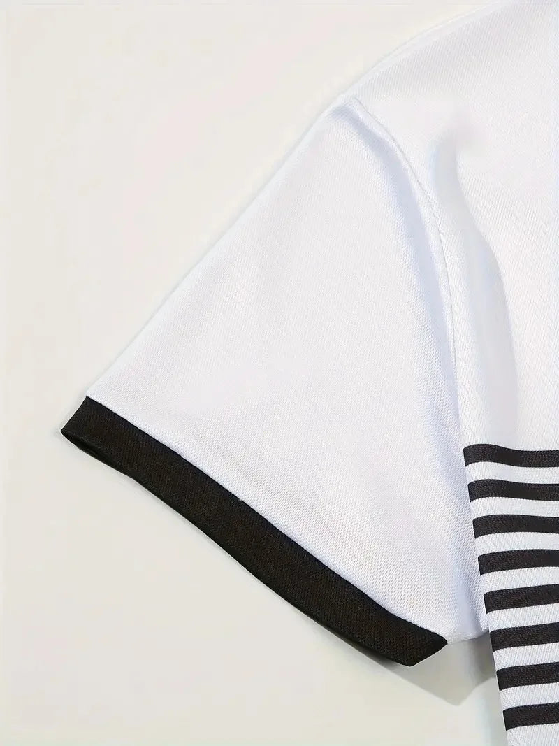 Men's Summer Polo Patchwork Short Sleeve Smart Casual Striped Turn Down Collar Shirt