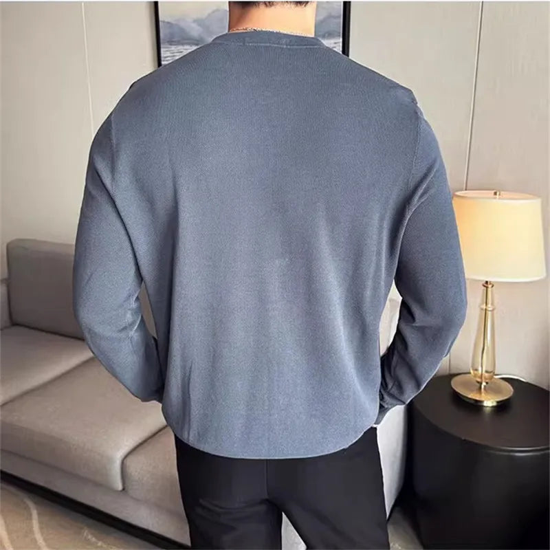 Men's Autumn Winter Henry Collar Slim Fit Knit Pullover Cotton Long Sleeve Knitted Sweater