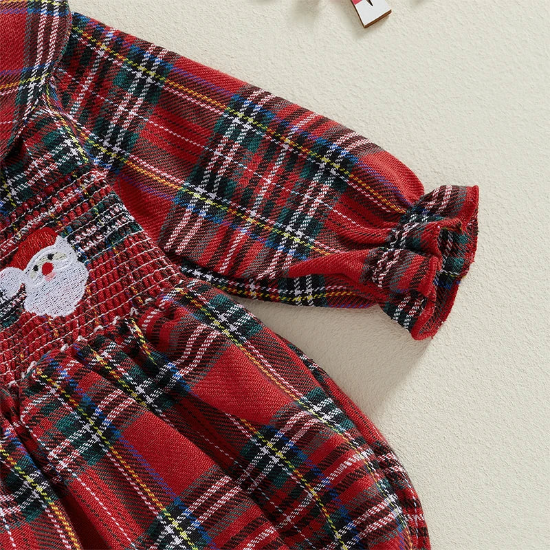 Christmas Santa Embroidery Peter Pan Collar Romper - Baby Girls Plaid Jumpsuit