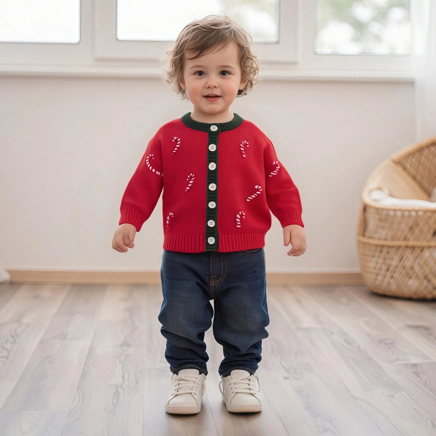 Toddler Baby Christmas Cardigan Sweater - Long Sleeve Button Down Candy Cane Embroidery