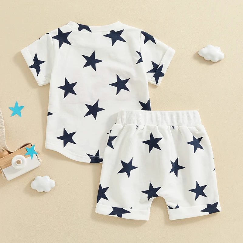 Summer Baby Boys  Short Sleeve USA Embroidery Letters T-shirt with Stars Print Shorts Outfit 3M-3 Years Old