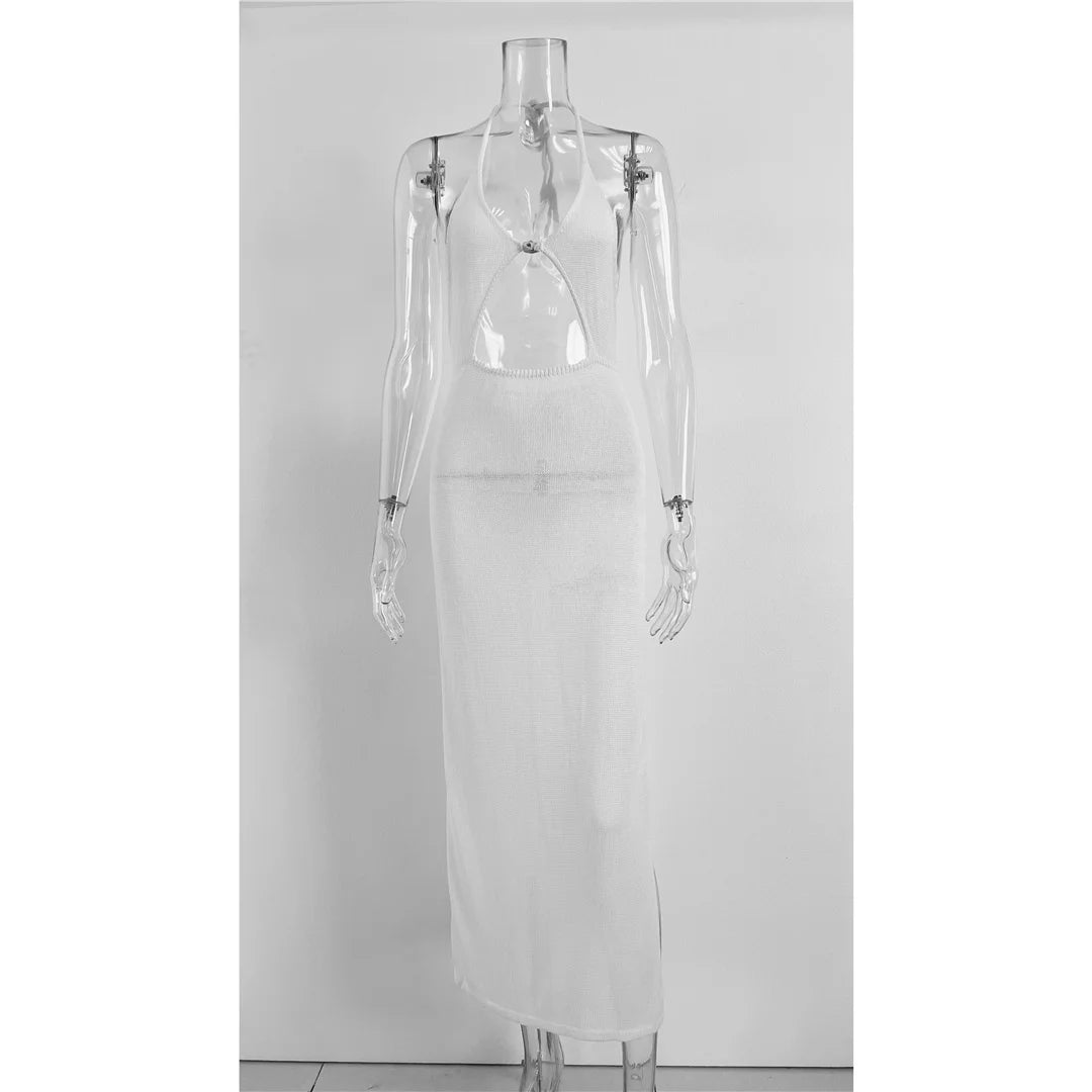 Knit Halter V Neck Slit Beach Maxi Dress Cover Up