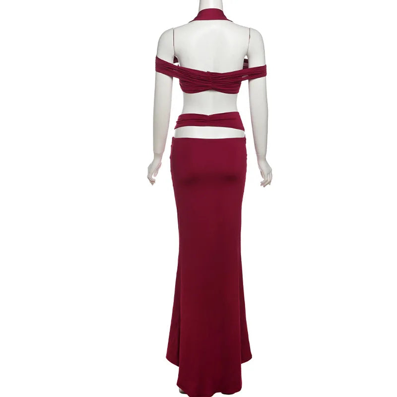 Women's Elegant Ruched Cut Out 2 Piece Dress Set - Halter Top & Maxi Skirt