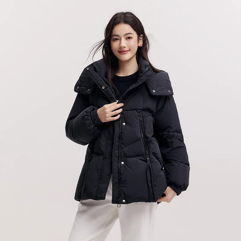 Mid-Length Loose Fit Hooded Down Jacket - Women's Textured Winter Coat