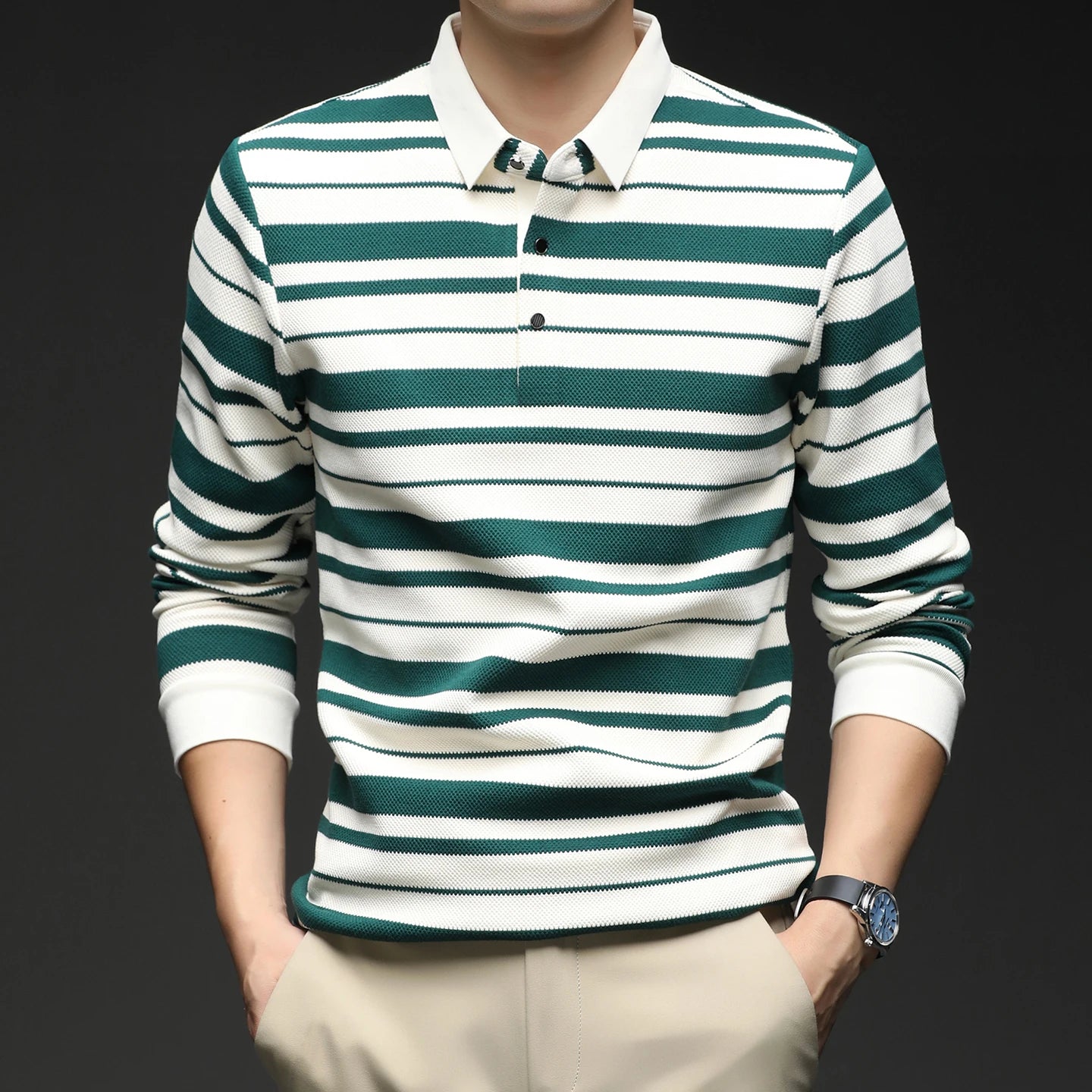 Turn Down Collar Striped T-Shirt - Smart Casual Breathable Tee