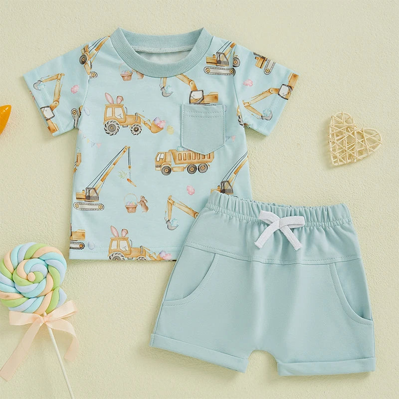 Boys' Excavator Print Summer Outfit Set - Short Sleeve Top with Elastic Waist Shorts