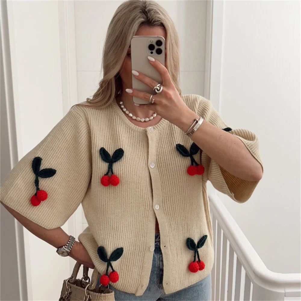 Summer Women's Casual Knitted Cardigan Cherry Short Sleeve Sweater