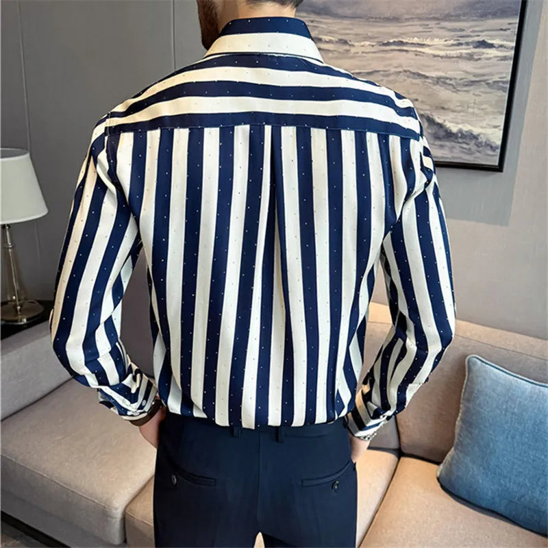 Men's Striped Square Collar Long Sleeve Shirt