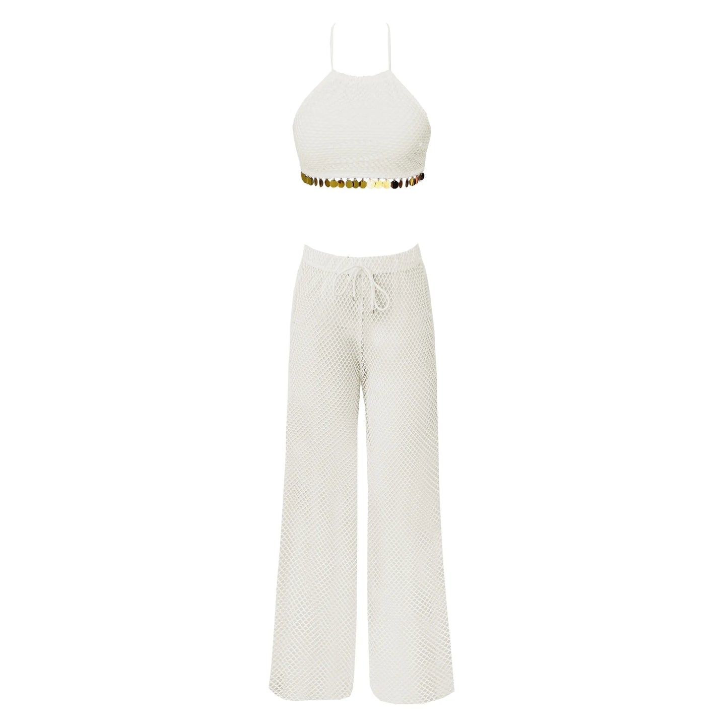 White Lace Three-Piece Bikini Set with Wide Leg Cover-Up Pants
