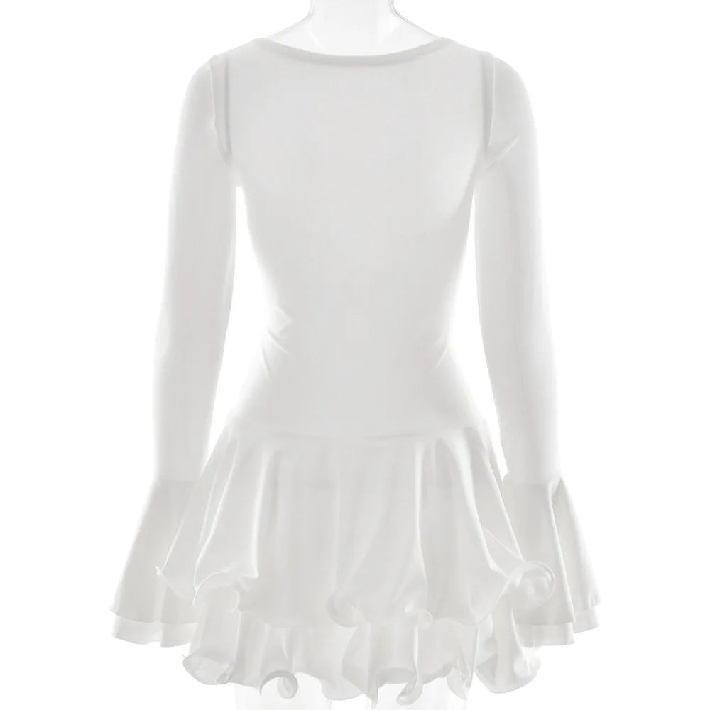 Women's Ruffled Mini Dress - Single-Breasted V-Neck with Flare Sleeves