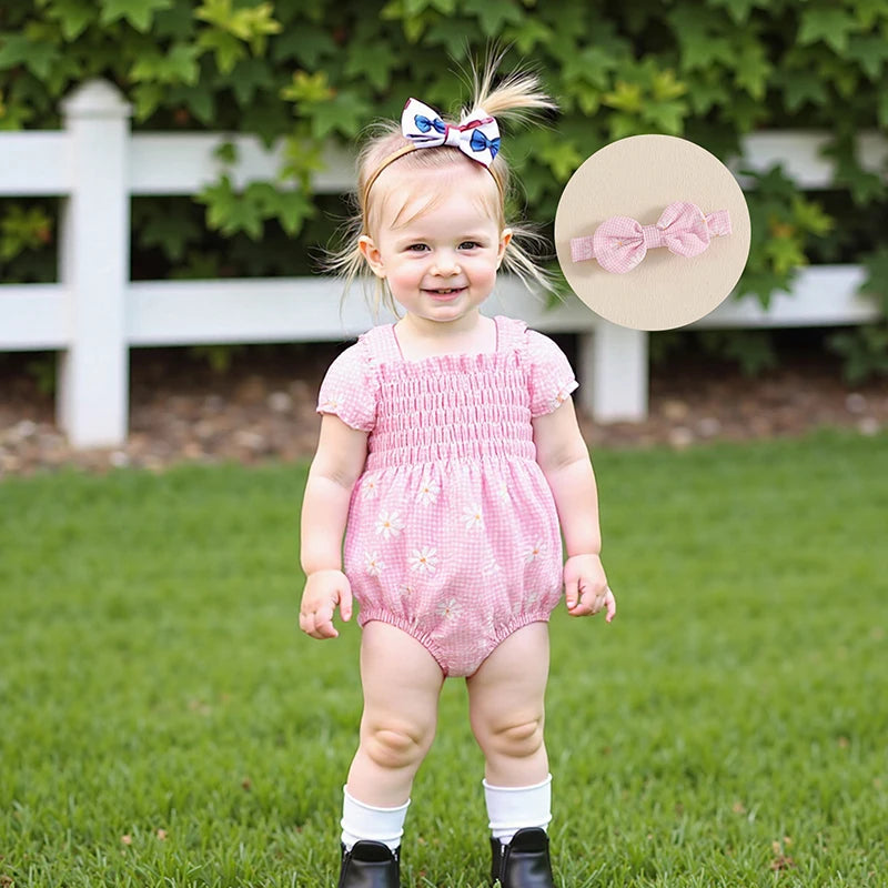 Baby Girls Romper Set with Headband - Plaid Flower Print Short Sleeve Bodysuit 2-Piece