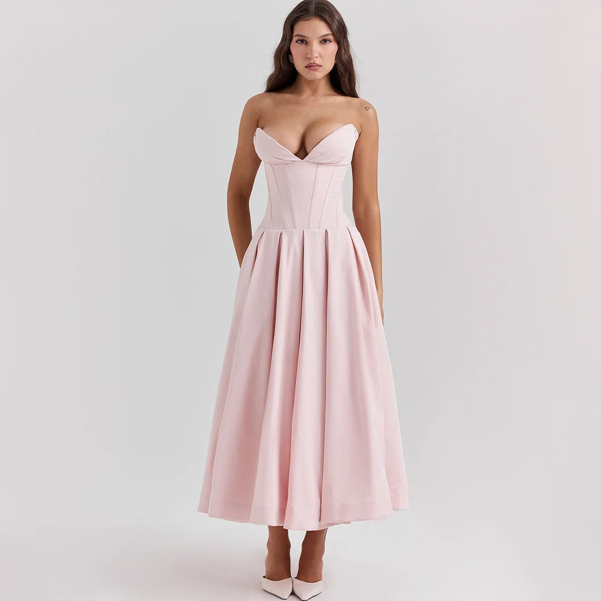 Strapless V Bar Slinky Midi Dress  Outfit - Women Frill Hem Sleeveless Corset Dress